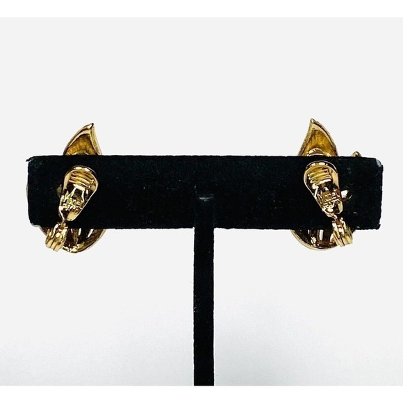 MONET Clips Clip Ons Earrings Gold Tone Textured Double Leaf Vintage Signed - Picture 3 of 16